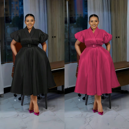 Black and pink belted midi dresses with puff sleeves and V-neck, pleated skirt