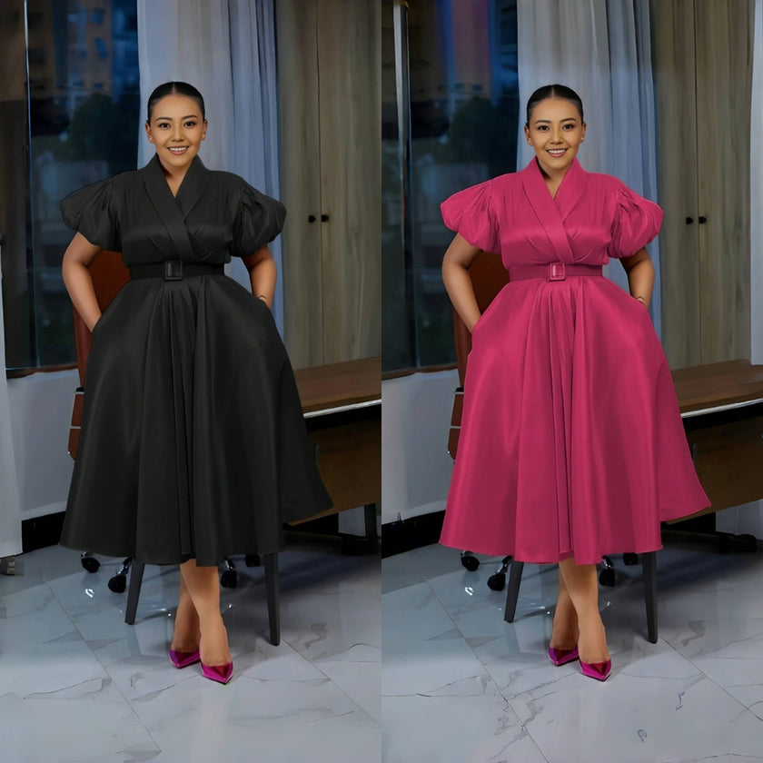 Puff Sleeve V-Neck Mid-Length Dress with Belted Waist