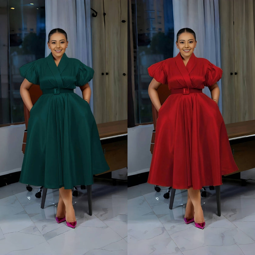 Puff Sleeve V-Neck Mid-Length Dress with Belted Waist