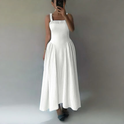 White pleated maxi dress with square neckline and gathered straps, full flared skirt