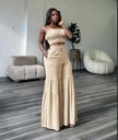 Khaki ruffle crop top and tiered wide-leg pant set with smocked bodice and drawstring waist