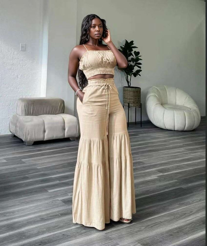 Khaki ruffle crop top and tiered wide-leg pant set with smocked bodice and drawstring waist