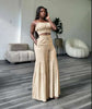 Khaki ruffle crop top and tiered wide-leg pant set with smocked bodice and drawstring waist