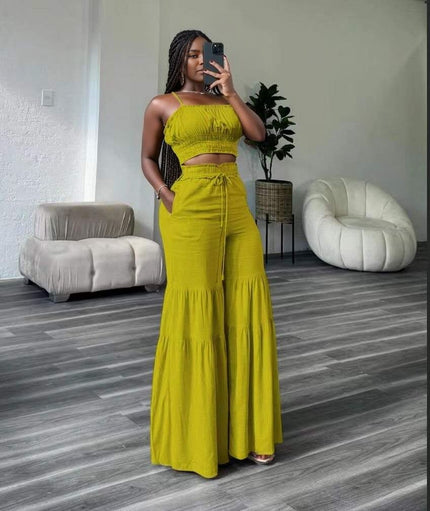 Yellow-green ruffle crop top and tiered wide-leg pant set with smocked bust and drawstring