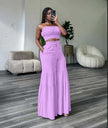 Light-purple ruffle crop top and tiered wide-leg pant set with smocked bodice and drawstring