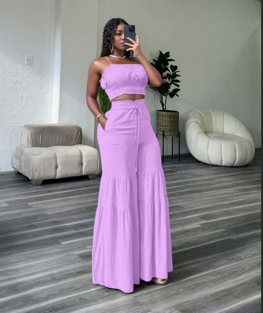 Light-purple ruffle crop top and tiered wide-leg pant set with smocked bodice and drawstring