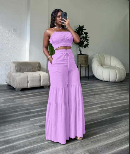 Light-purple ruffle crop top and tiered wide-leg pant set with smocked bodice and drawstring