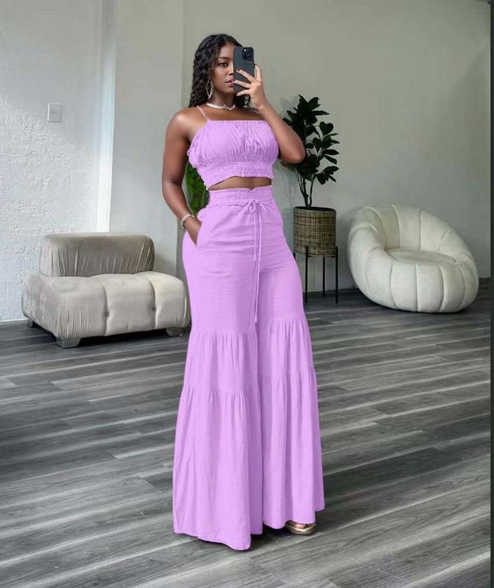Light-purple ruffle crop top and tiered wide-leg pant set with smocked bodice and drawstring
