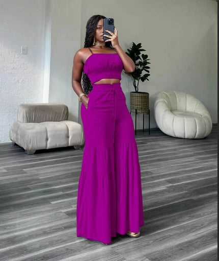 Magenta ruffle crop top and tiered wide-leg pant set with smocked bust and drawstring waist