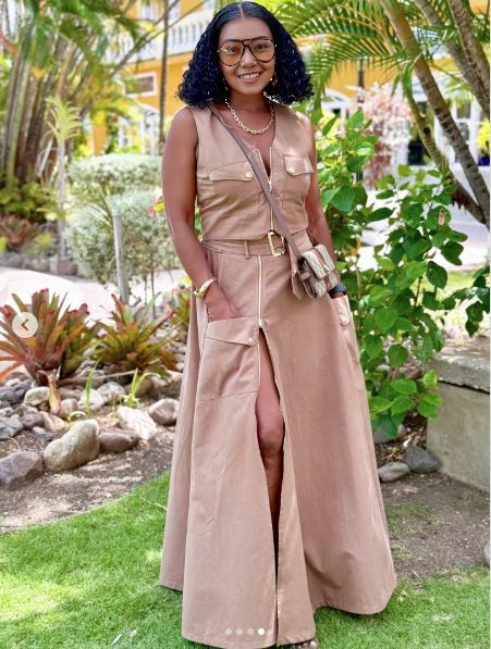 Beige maxi dress with patch pockets, front buttons, belted waist and high side slit