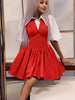 Red mini dress with puff sleeves, V-neck bodice and gathered flare skirt