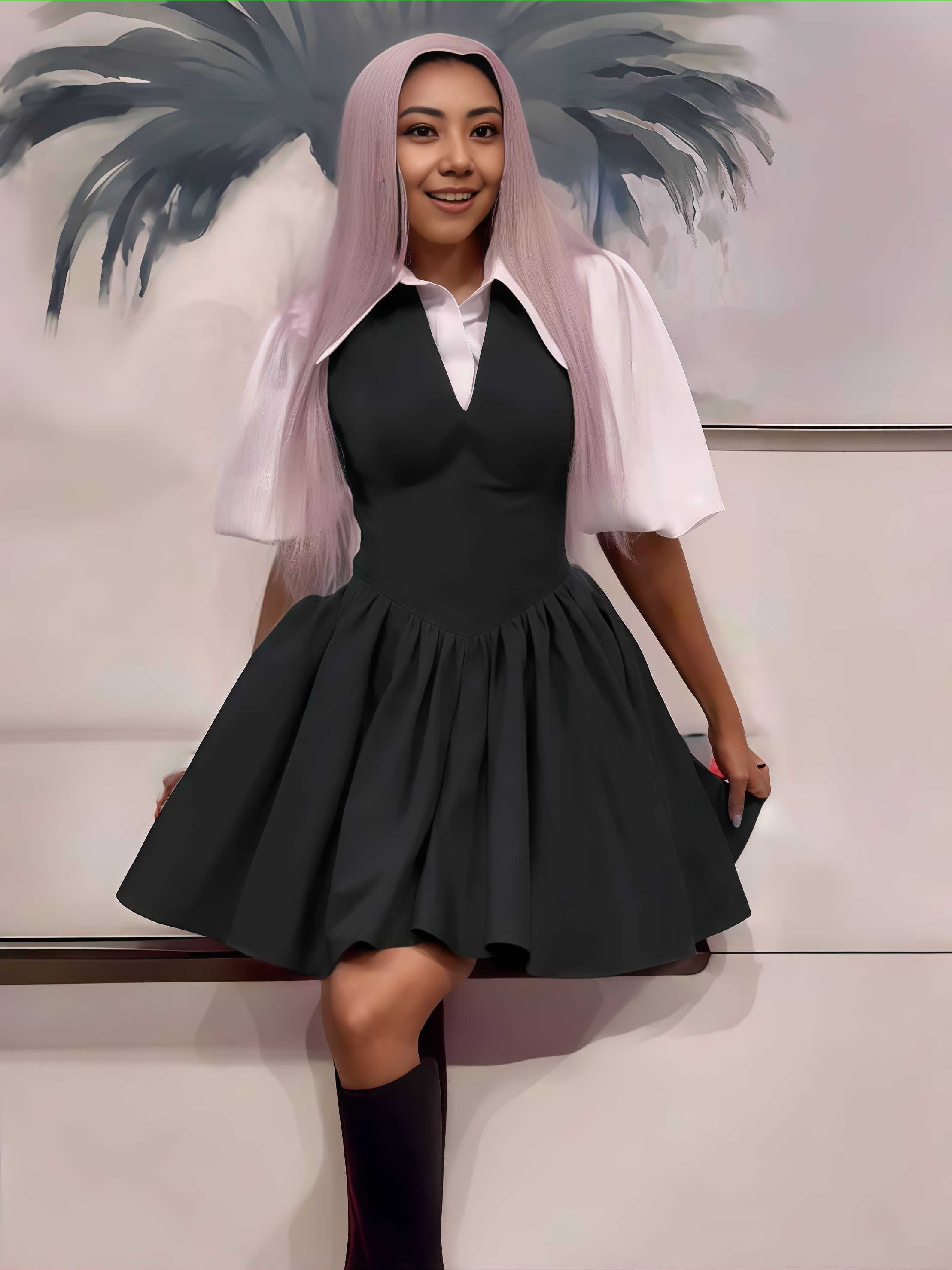 Black mini dress with puff sleeves, V-neck front and pleated flare skirt