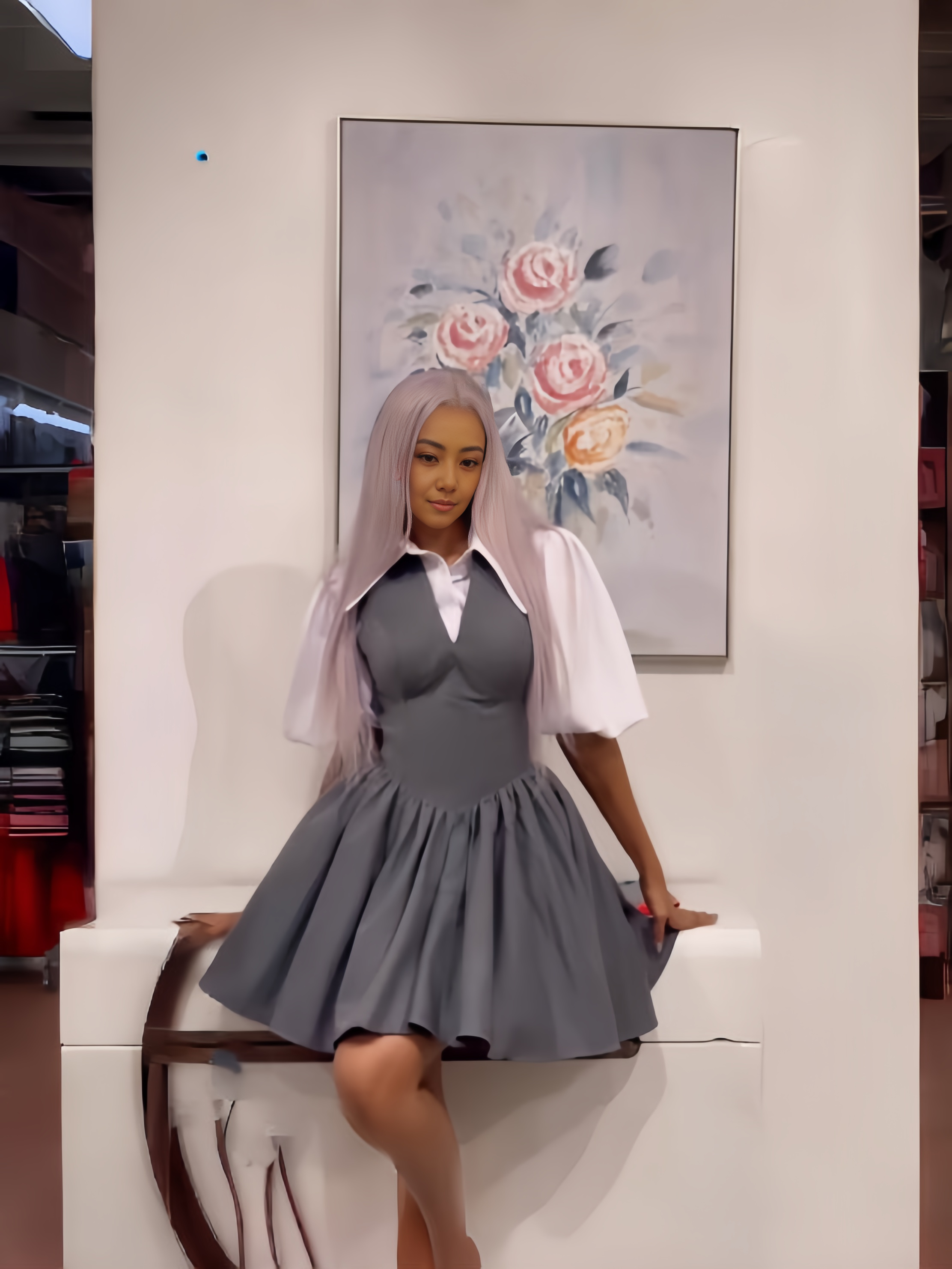 Grey mini dress with puff sleeves, V-neck and flared gathered skirt