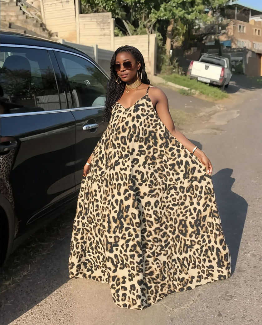 Leopard Print Spaghetti Strap Maxi Dress