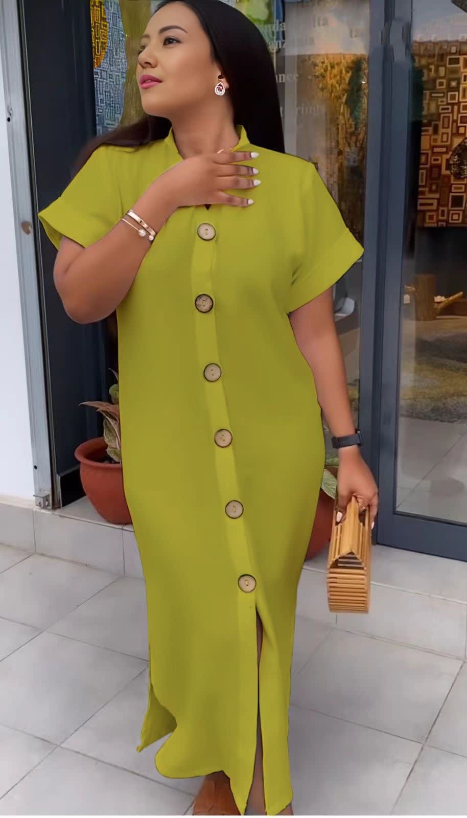 Maxi shirt dress in yellow-green with short sleeves and front button placket