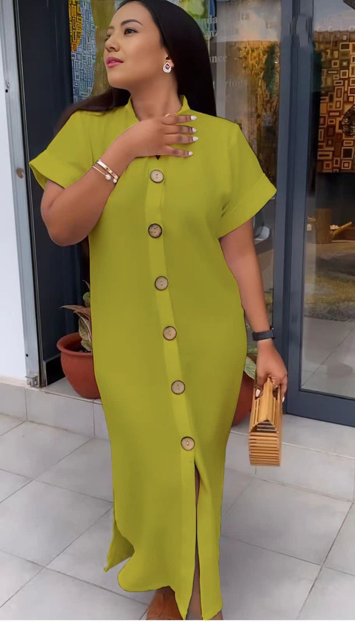Maxi shirt dress in yellow-green with short sleeves and front button placket