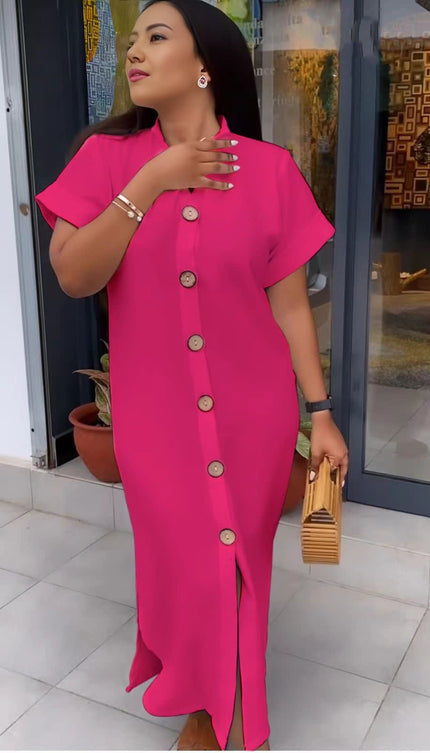 Maxi shirt dress in deep pink with short sleeves and front button placket