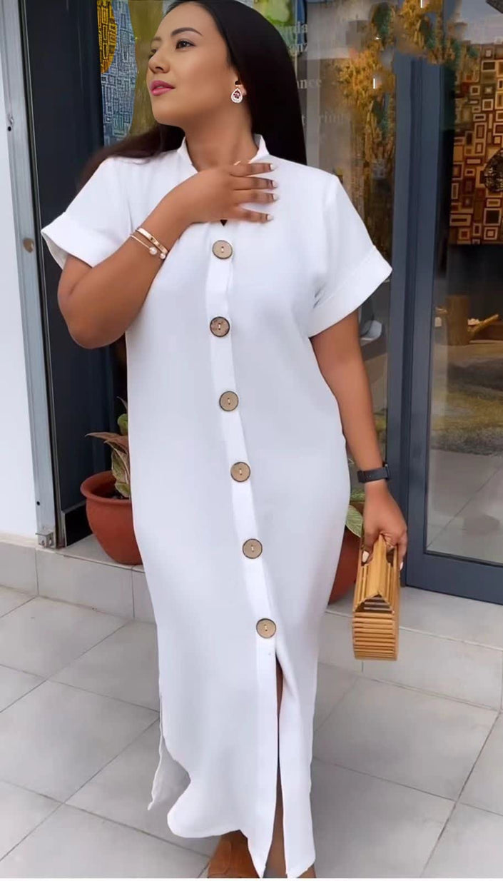 Maxi shirt dress in white with short sleeves and front button placket