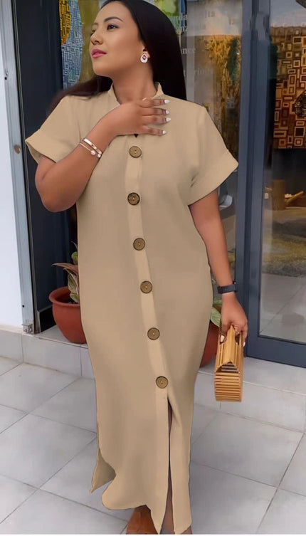 Maxi shirt dress in nude with short sleeves and front button placket