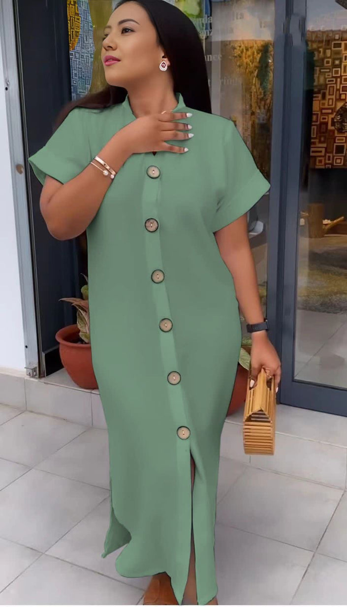 Maxi shirt dress in medium aquamarine with short sleeves and front button placket