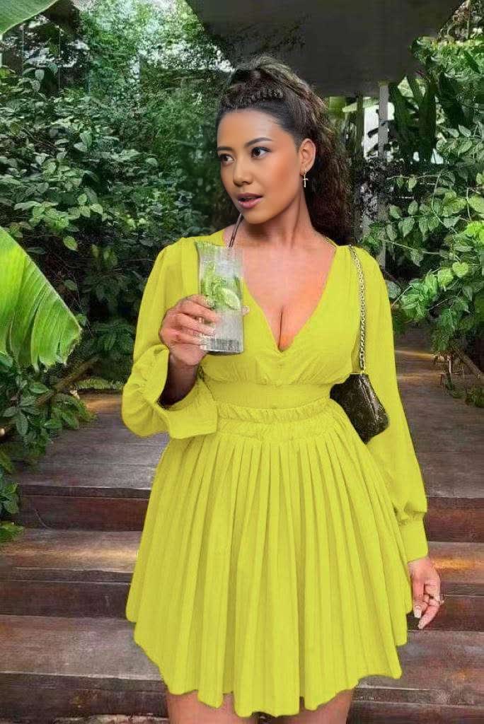 Yellow pleated V-neck long-sleeve mini dress with gathered waist