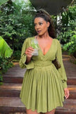 Green pleated V-neck long-sleeve mini dress with gathered waist