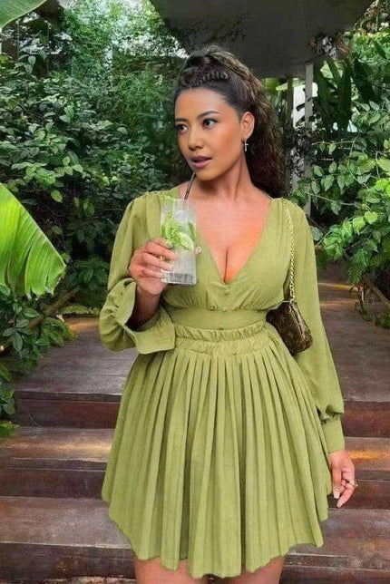 Green pleated V-neck long-sleeve mini dress with gathered waist