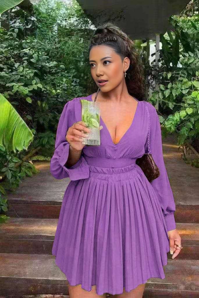 Purple pleated V-neck long-sleeve mini dress with gathered waist