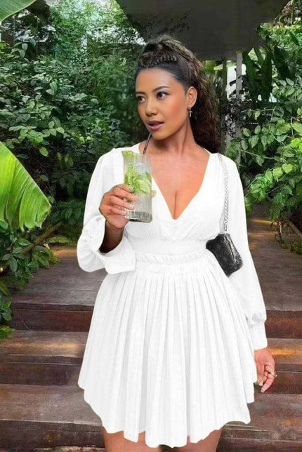 White pleated V-neck long-sleeve mini dress with gathered waist