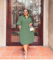 Loose-fit midi shirt dress, green, button collar, short sleeves, front placket