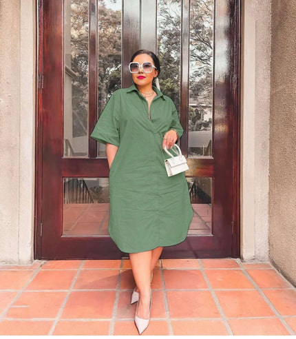 Loose-fit midi shirt dress, green, button collar, short sleeves, front placket