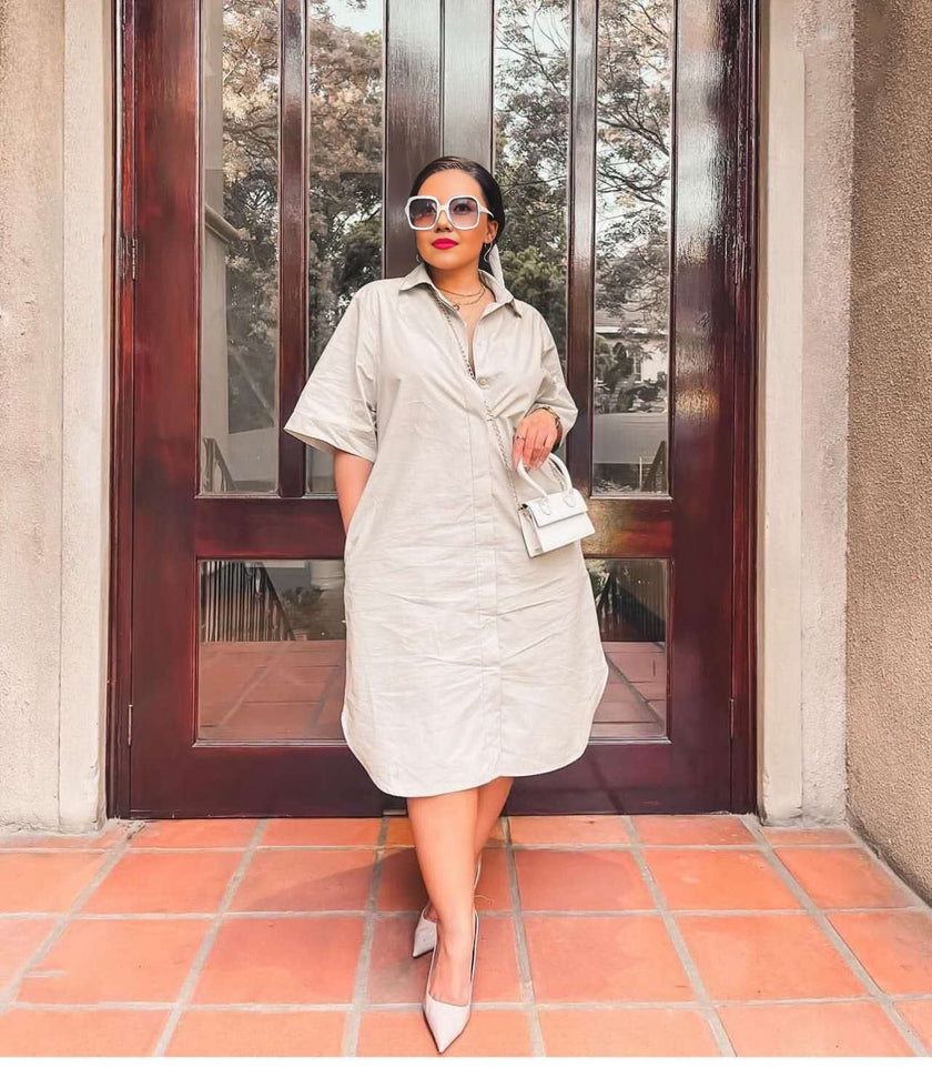 Loose Mid-Length Shirt Dress, Simple Design, Front Button Decoration, Turn-Down Collar Short Sleeve Dress