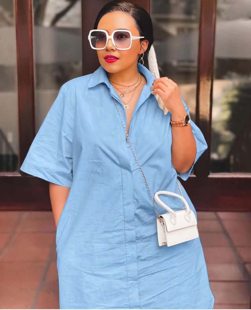 Loose Mid-Length Shirt Dress, Simple Design, Front Button Decoration, Turn-Down Collar Short Sleeve Dress