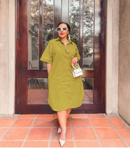 Loose-fit midi shirt dress, olive green, button collar, short sleeves, loose silhouette