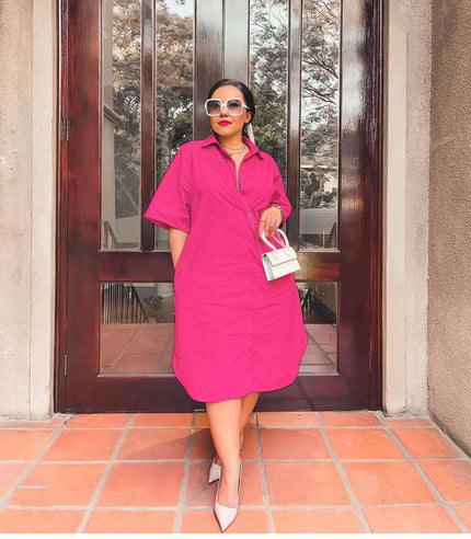 Loose-fit midi shirt dress, deep pink, button collar, short sleeves, front placket