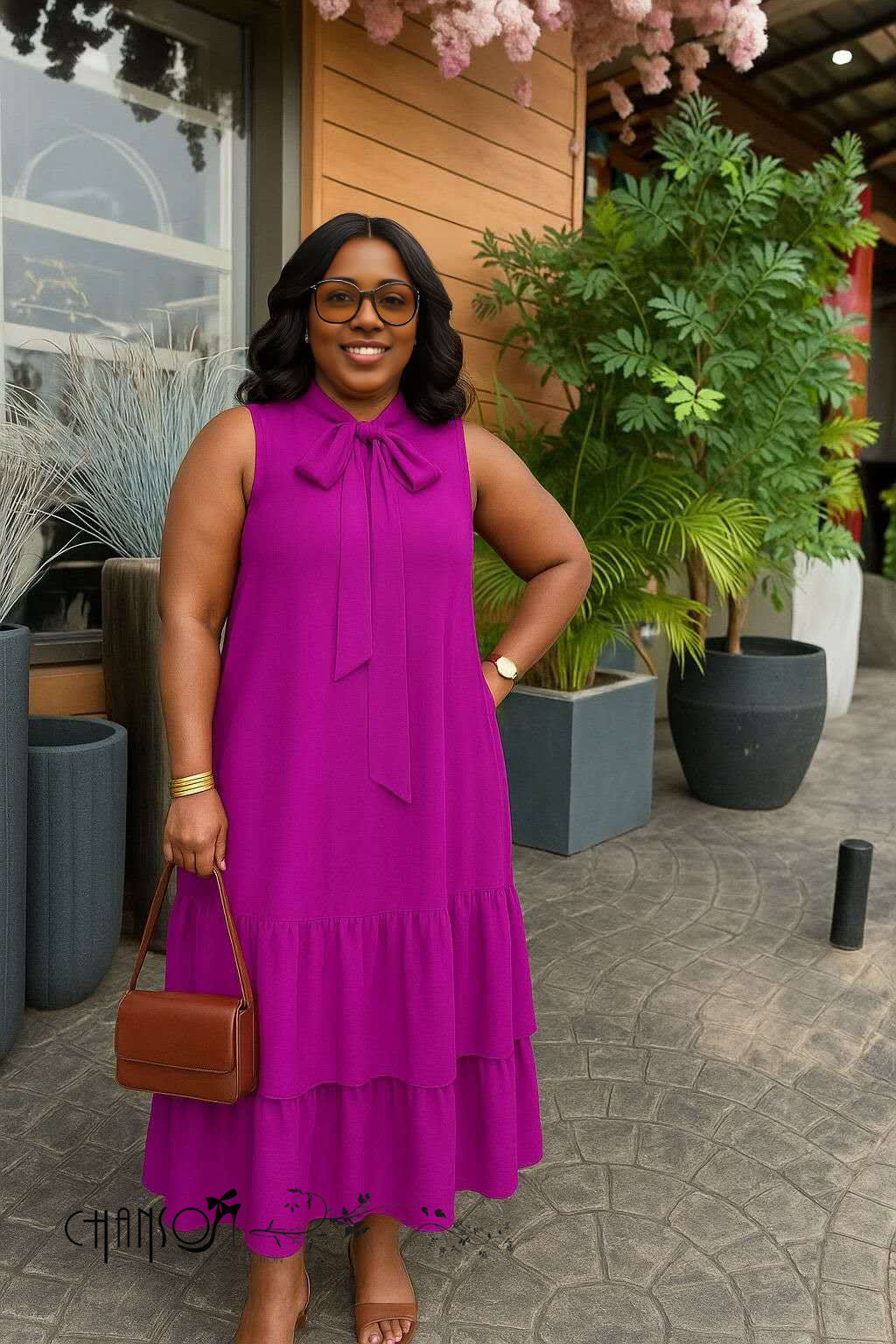 Maxi Dress  Tiered Ruffle Bow Neck