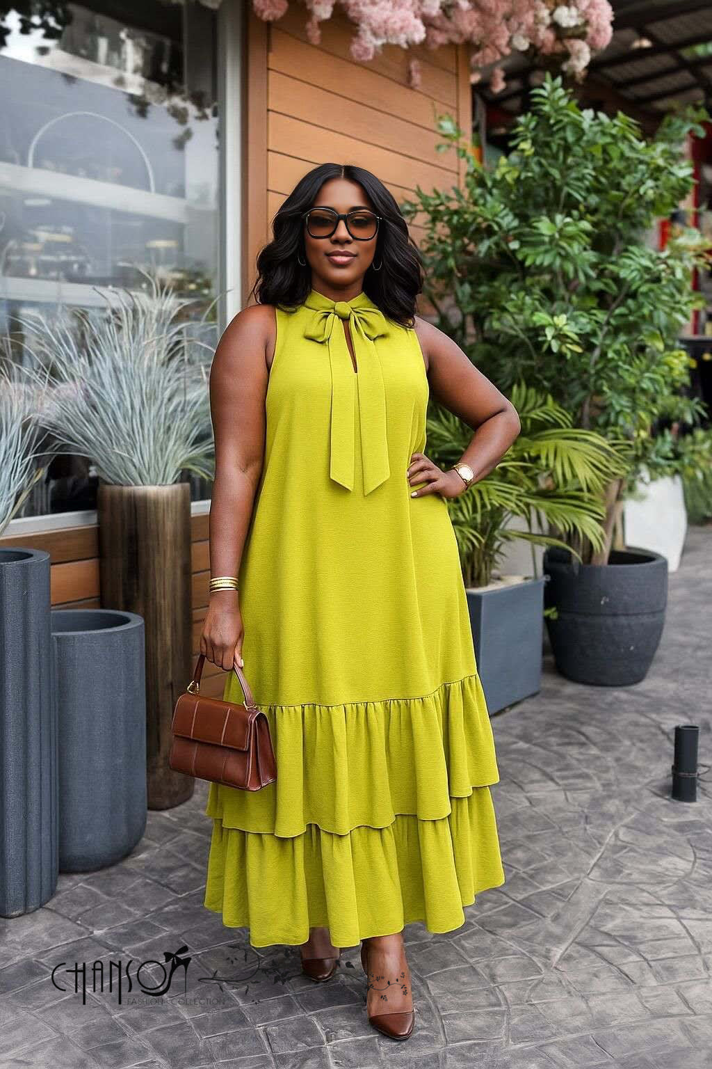 Maxi Dress  Tiered Ruffle Bow Neck