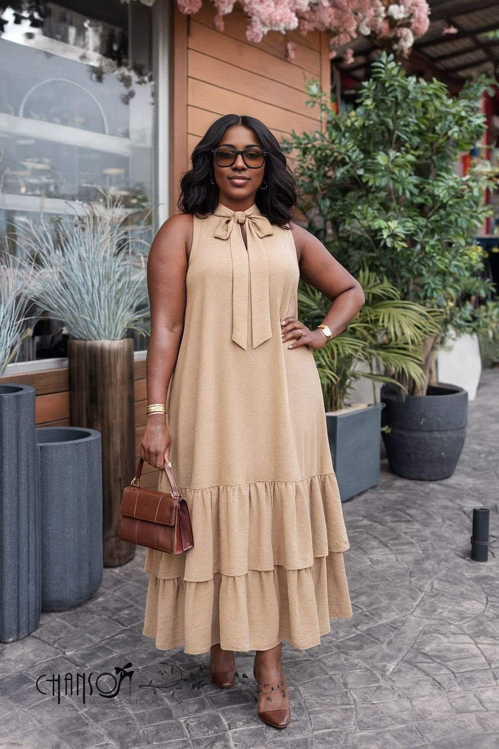 Maxi Dress  Tiered Ruffle Bow Neck