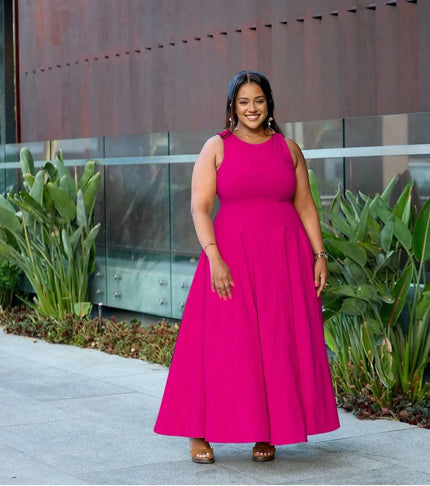 Sleeveless deep pink maxi dress with round neck and flared A-line skirt