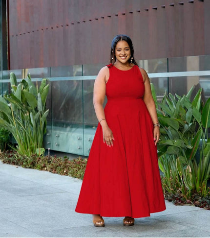 Sleeveless red maxi dress with round neck and flared A-line skirt