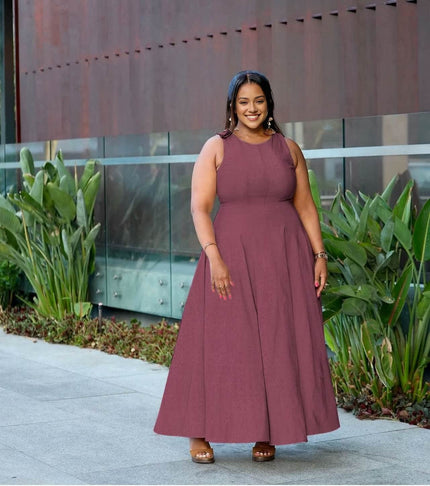 Sleeveless mauve maxi dress with round neck and flared A-line skirt