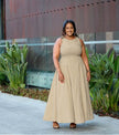Sleeveless khaki maxi dress with round neck and flared A-line skirt