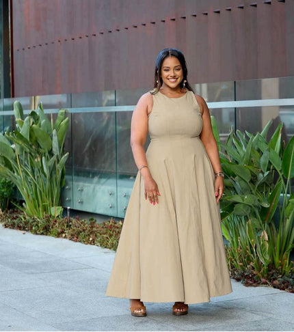 Sleeveless khaki maxi dress with round neck and flared A-line skirt