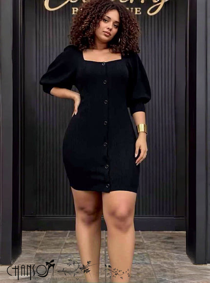 Black puff-sleeve button-front bodycon dress with square neckline
