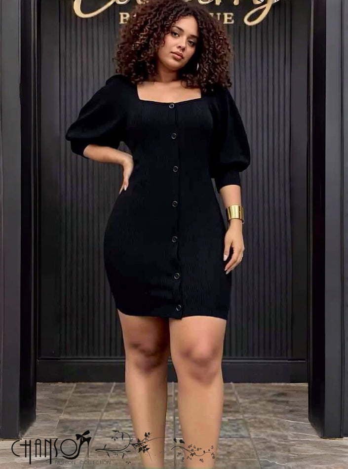 Black puff-sleeve button-front bodycon dress with square neckline