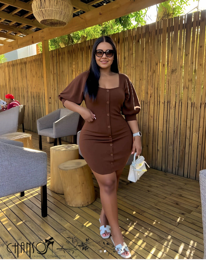 Brown puff-sleeve button-front bodycon dress with square neckline