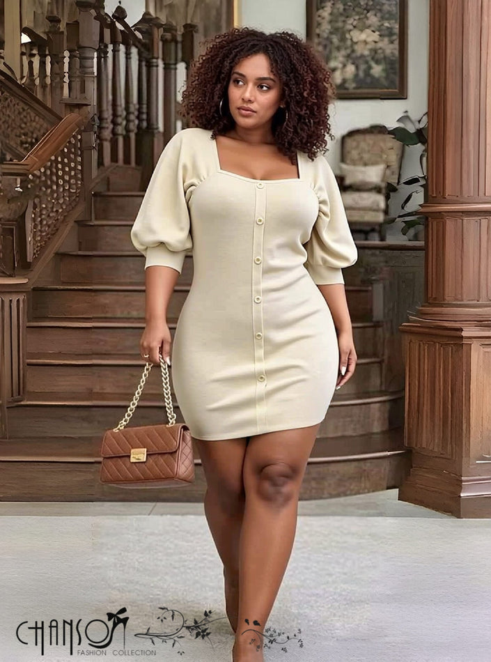Cream puff-sleeve button-front bodycon dress with square neckline