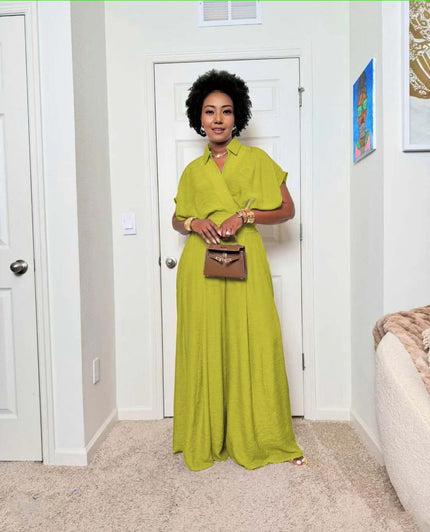Yellow-green wide-leg jumpsuit with tie waist and short sleeves