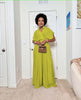 Yellow-green wide-leg jumpsuit with V-neck and adjustable tie waist, short sleeves