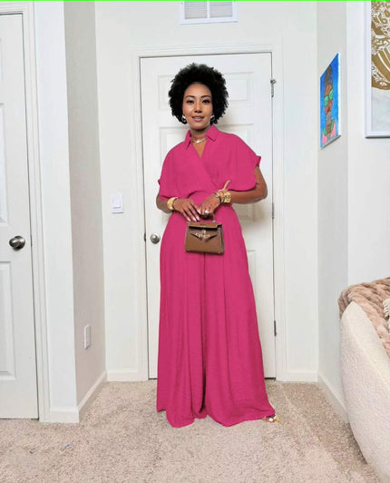 Deep-pink wide-leg jumpsuit with adjustable tie waist and short sleeves